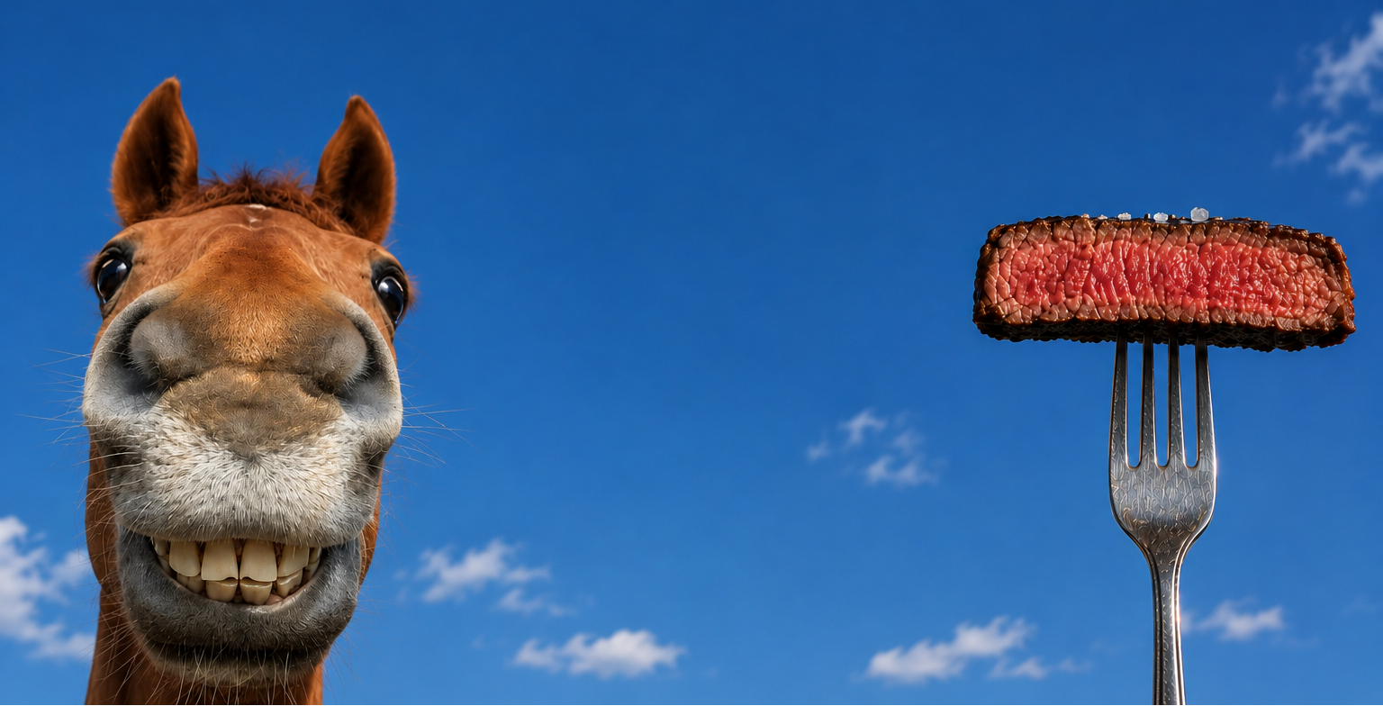 A close-up of a smiling horse's face on the left against a bright blue sky, with a fork holding a slice of cooked beef steak on the right.